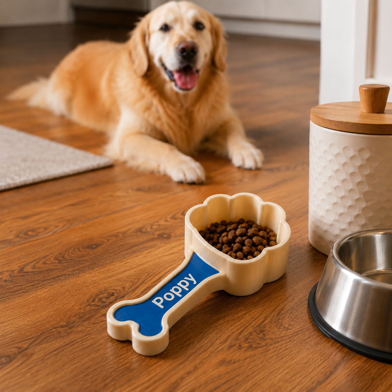 Custom 3D printed pet food scoop with paw and bone design for kibble storage