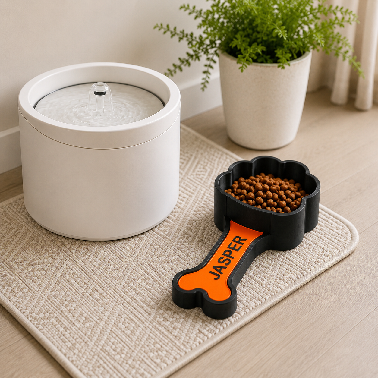 Personalized dog food scoop with paw print and bone design, 3D printed pet accessory