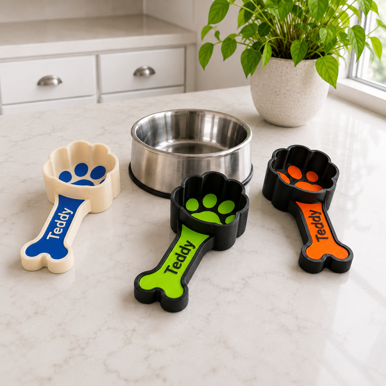 3D printed personalized pet kibble scoop with decorative paw and bone details