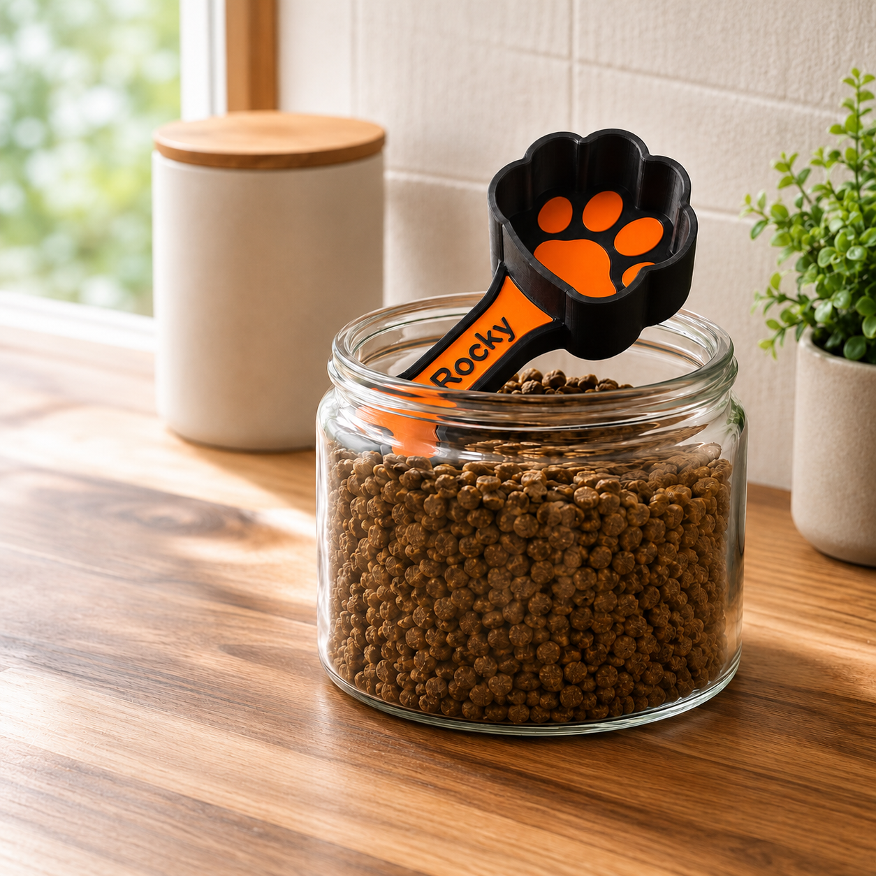 Personalized bone and paw pet kibble scoop for everyday feeding organization