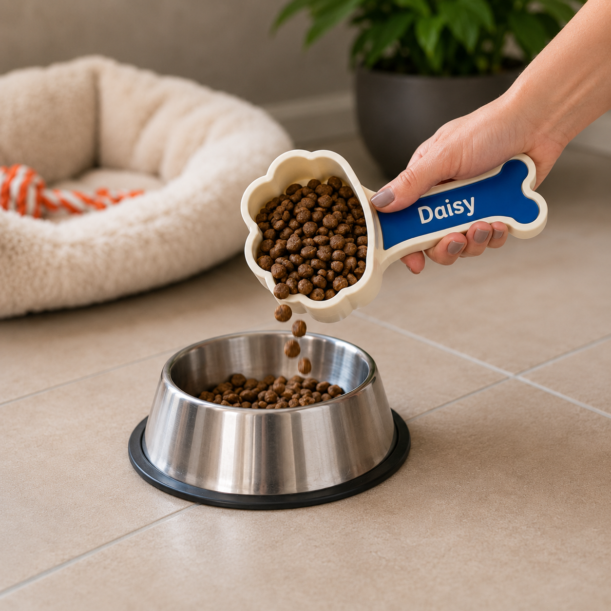 3D printed custom dog food scoop with personalized name and paw design