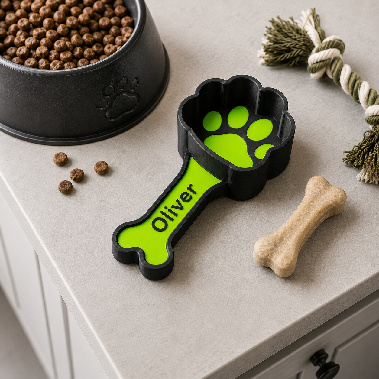 Personalized cat or dog food scoop with paw and bone decorative design