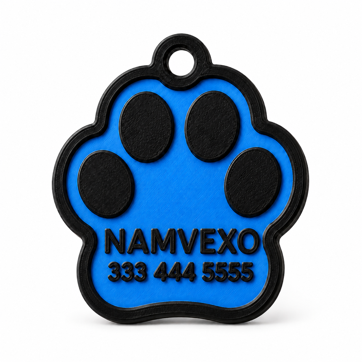 Blue personalized paw-shaped pet ID tag with raised name, phone number, and collar ring