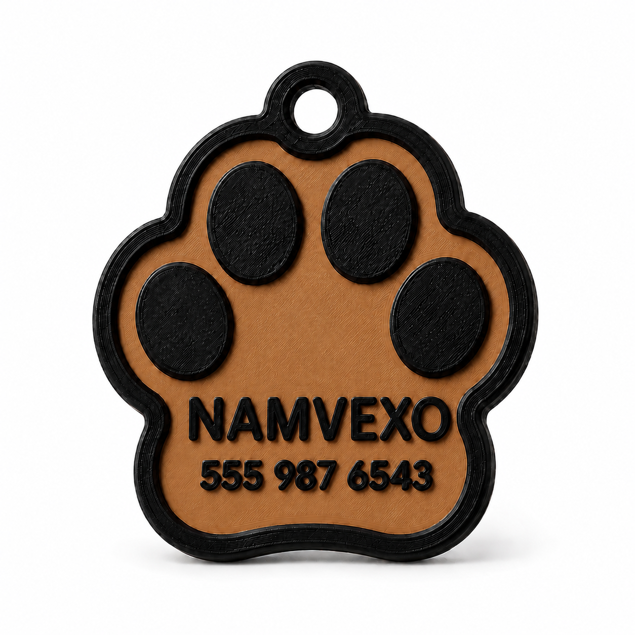 Brown personalized paw-shaped pet ID tag with raised name, phone number, and collar ring