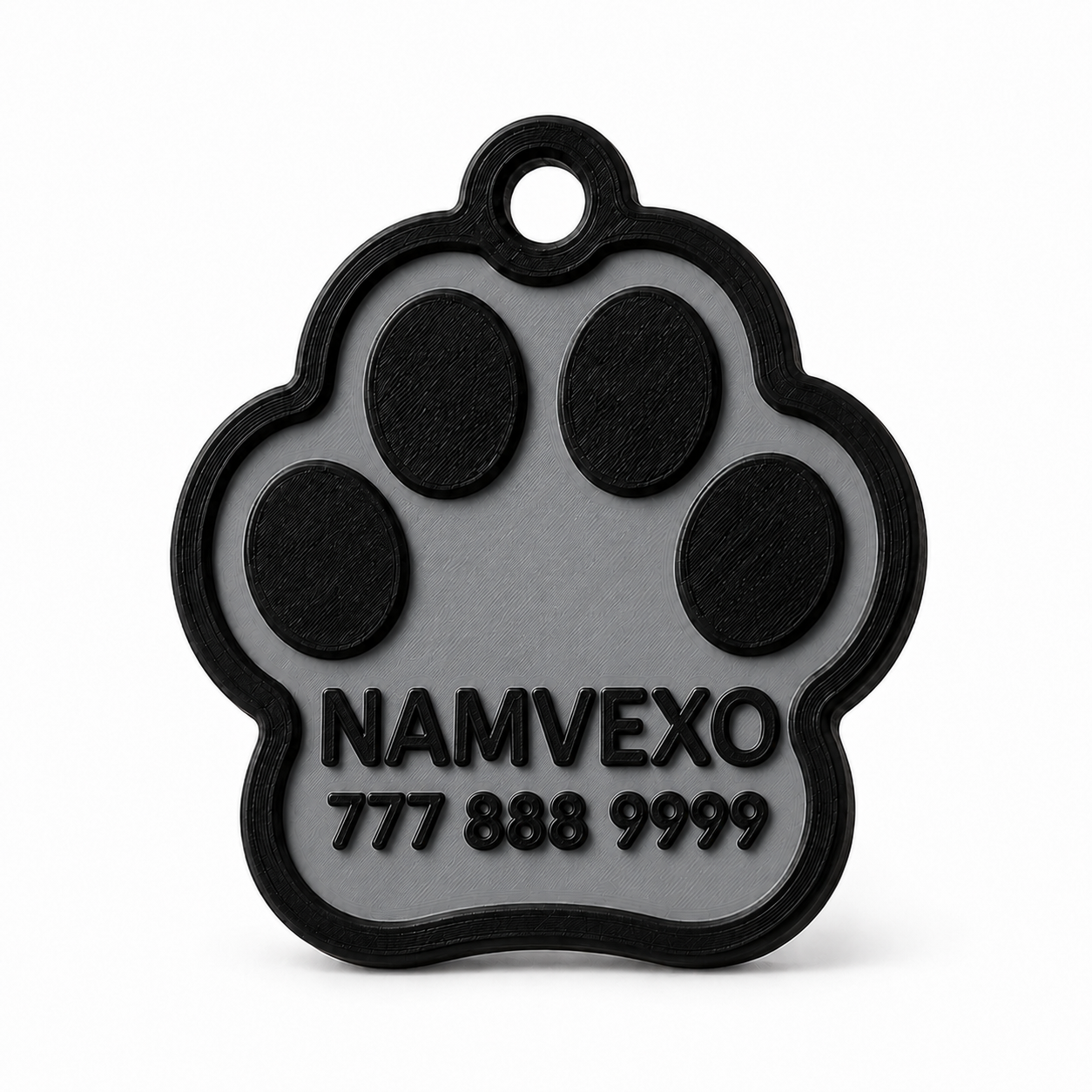 Gray personalized paw-shaped pet ID tag with raised name, phone number, and collar ring