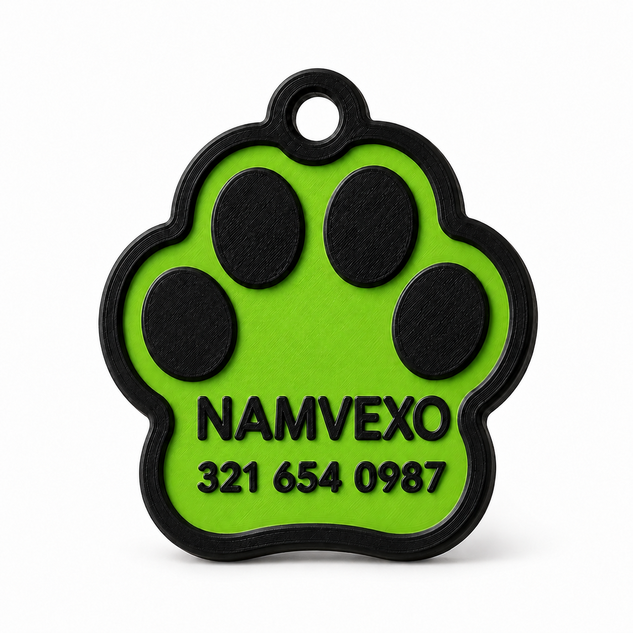 Green personalized paw-shaped pet ID tag with raised name, phone number, and collar ring