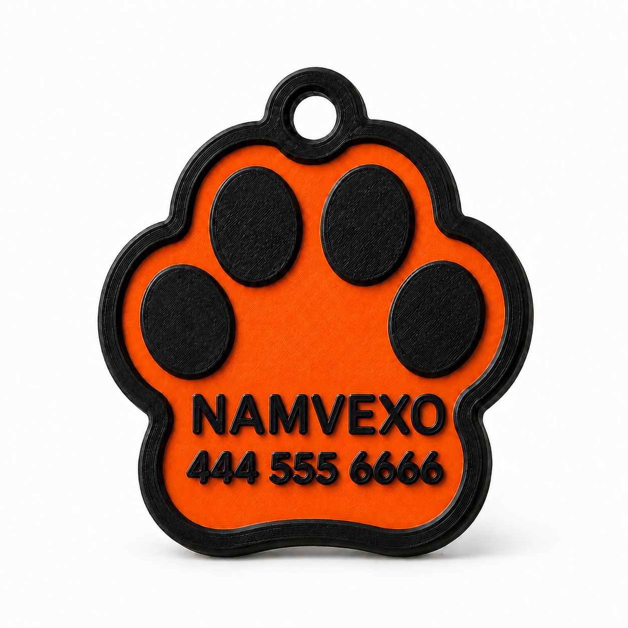 Orange personalized paw-shaped pet ID tag with raised name, phone number, and collar ring