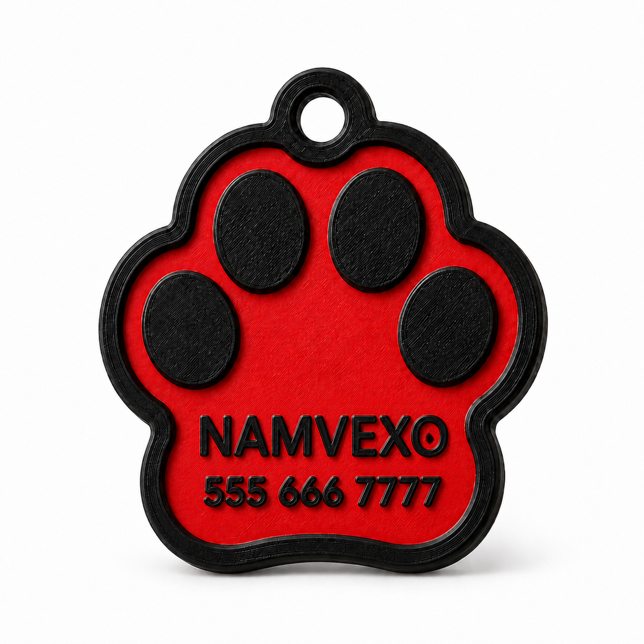 Red personalized paw-shaped pet ID tag with raised name, phone number, and collar ring