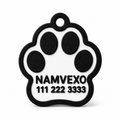 White personalized paw-shaped pet ID tag with raised name, phone number, and collar ring