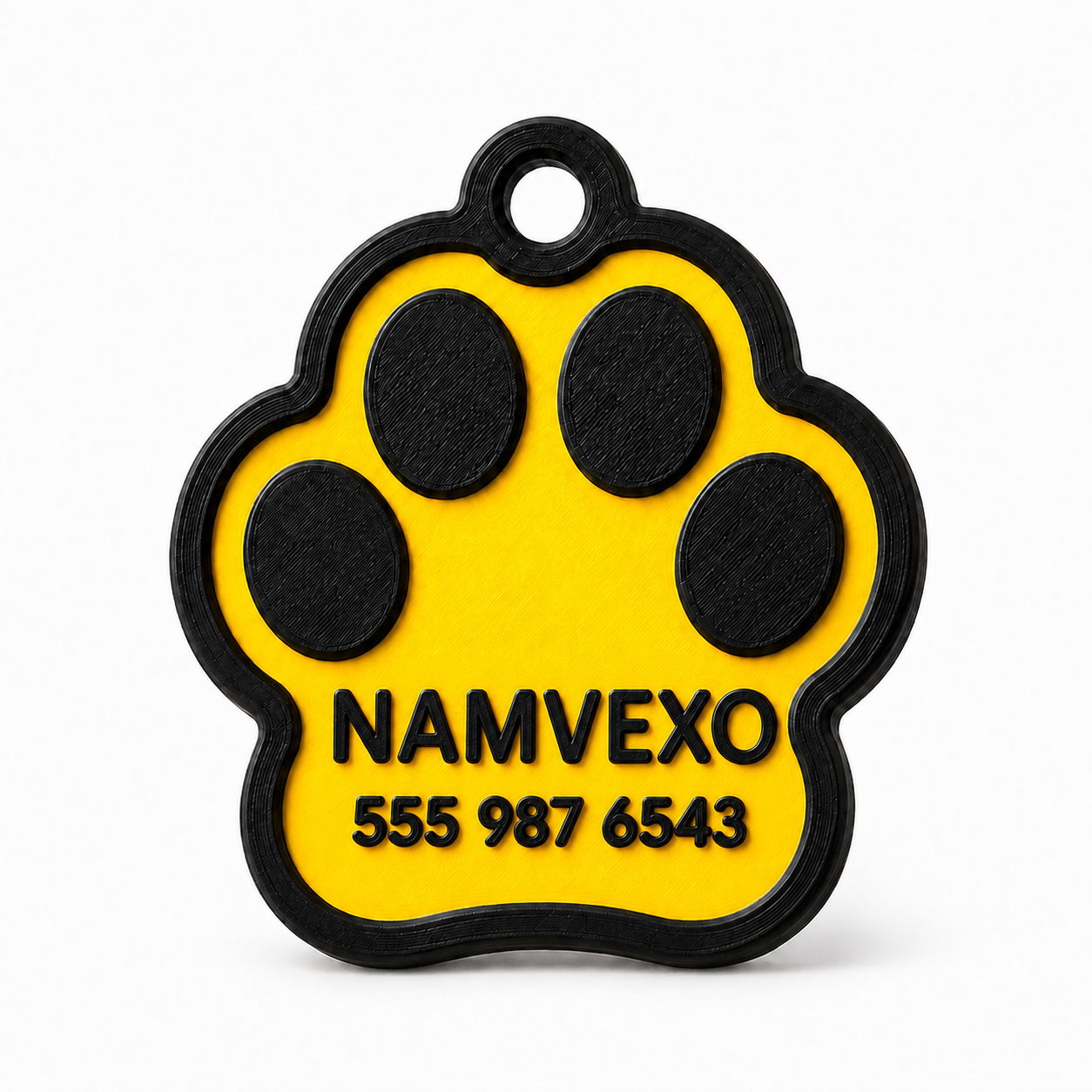 Yellow personalized paw-shaped pet ID tag with raised name, phone number, and collar ring