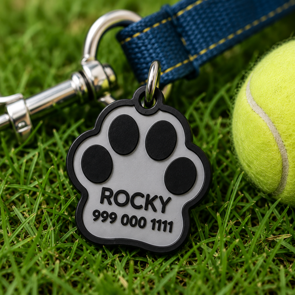 Personalized paw-shaped pet tag attached securely to a metal collar ring