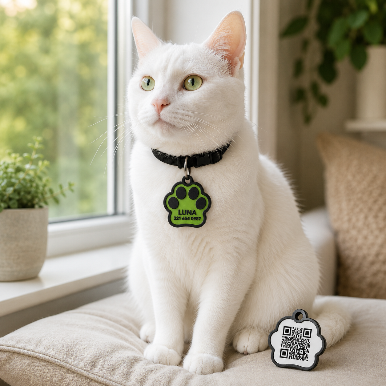 Personalized paw-shaped pet ID tag shown in a realistic home setting