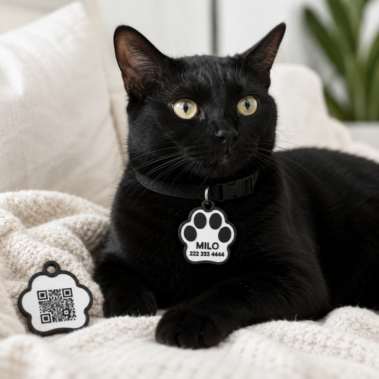 Personalized pet tag with high-contrast paw design and raised contact details