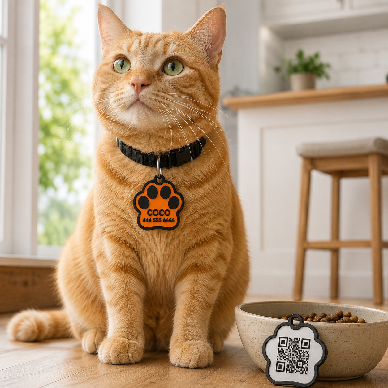 Real-life view of a personalized paw-shaped pet ID tag worn on a dog collar