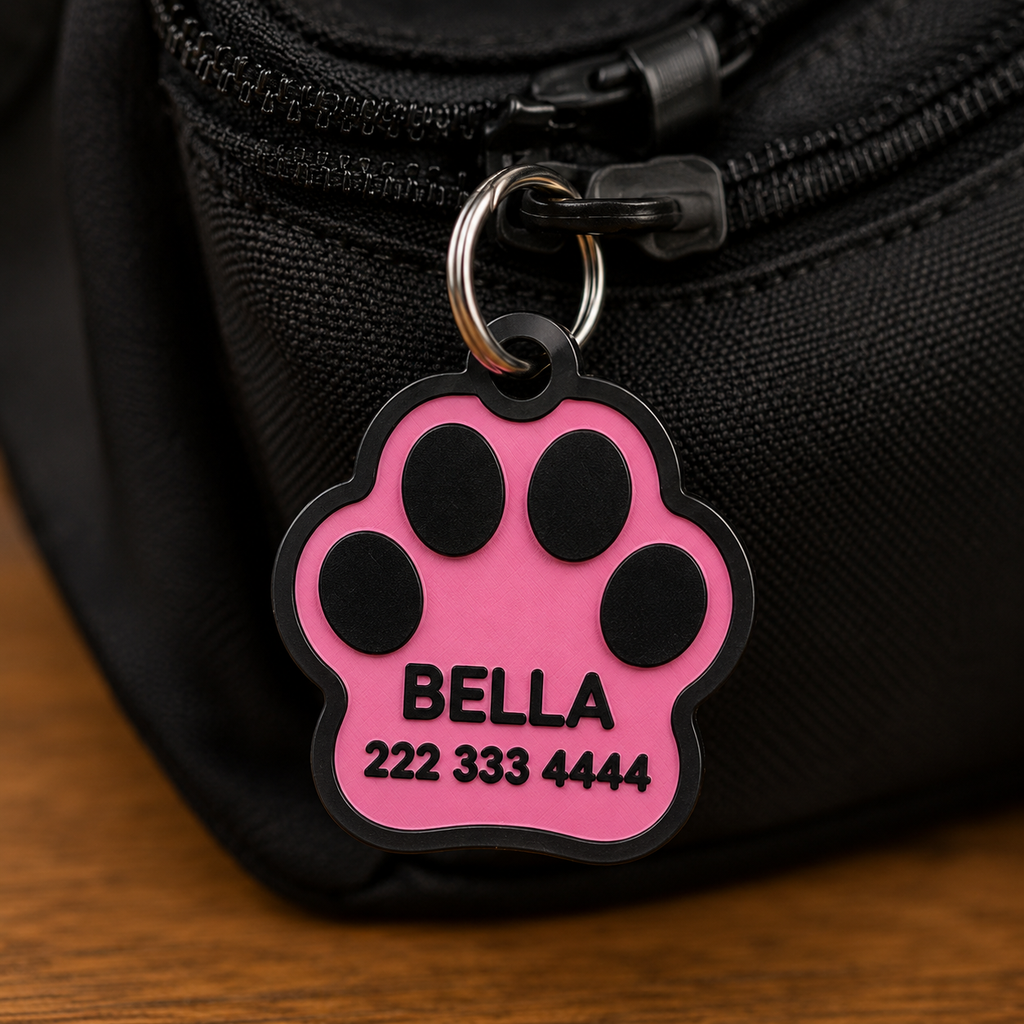 Pet collar tag with a personalized front and scannable QR code back