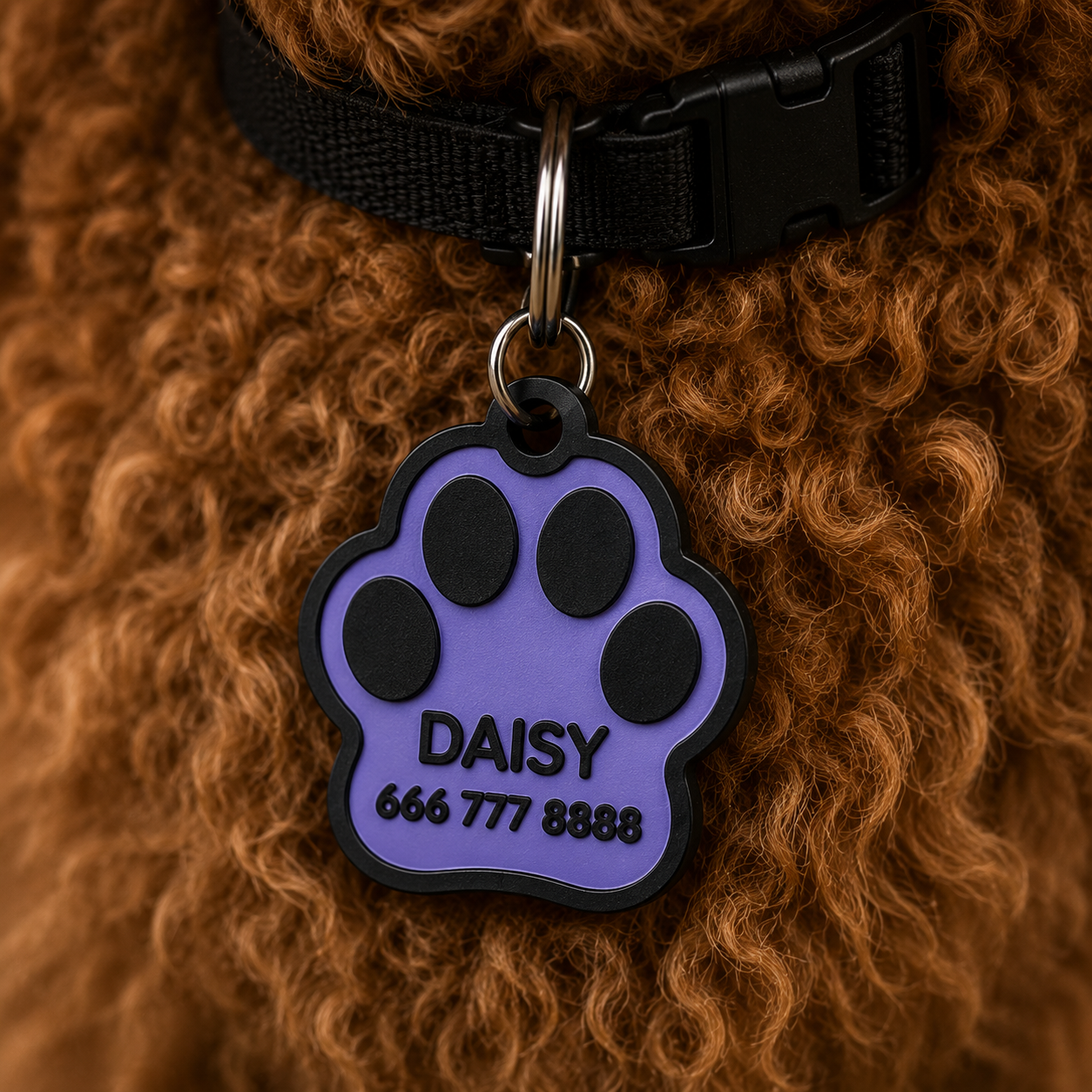 Scannable QR code on the back of a paw-shaped pet ID tag for owner contact details