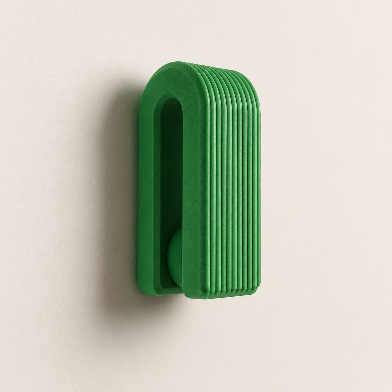 Blue green and orange gravity towel hooks in laundry room