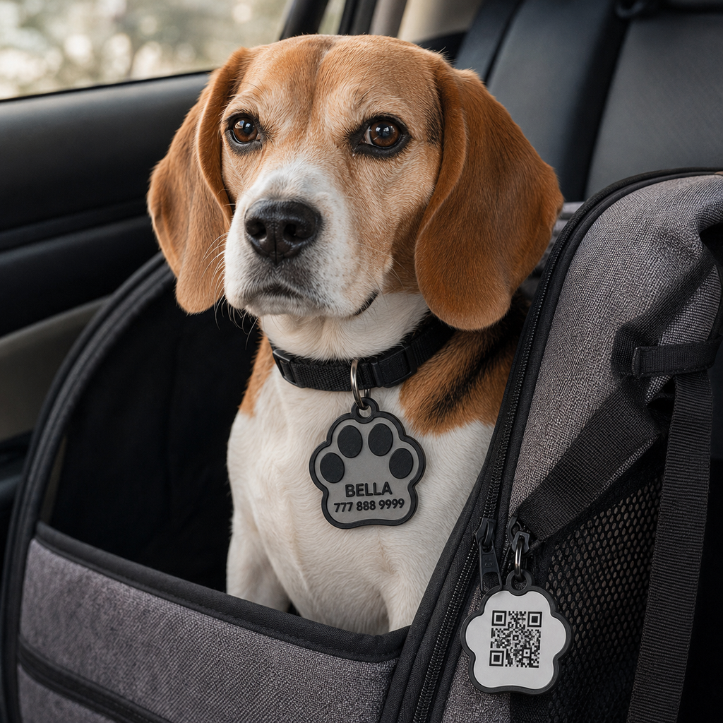 Scannable QR code on the reverse of a personalized pet identification tag