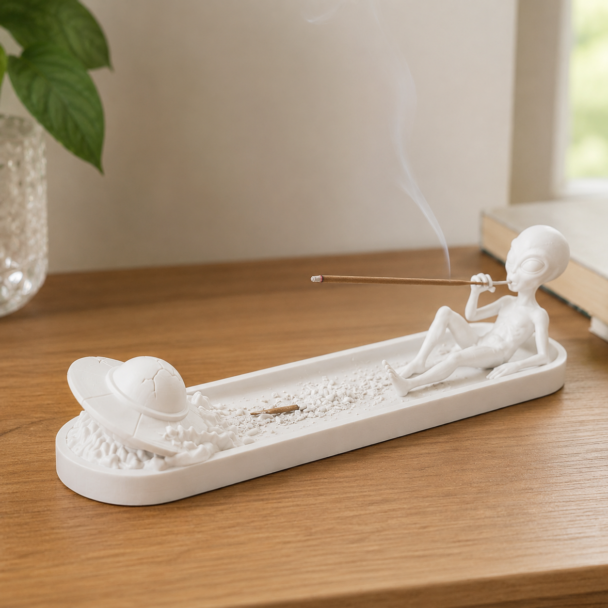 Modern incense burner stand with ash catching tray, sculptural tabletop design