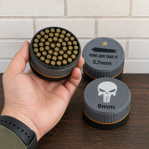 Stackable caliber-specific ammunition organizer with removable lid