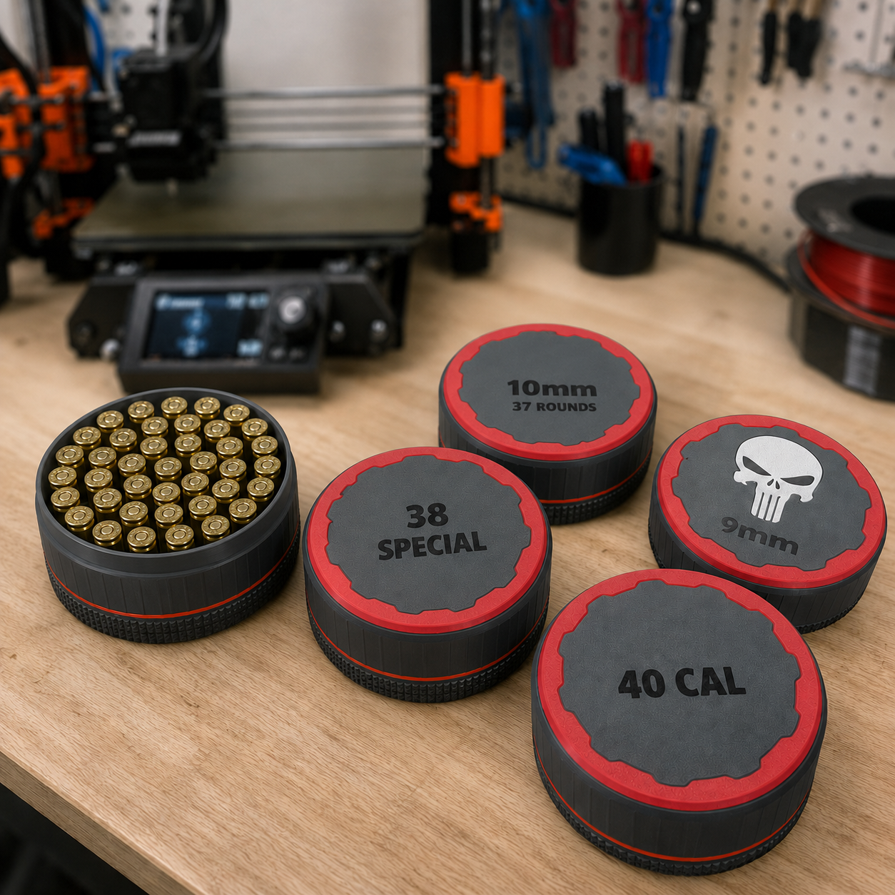 Caliber organizer showing structured round storage slots