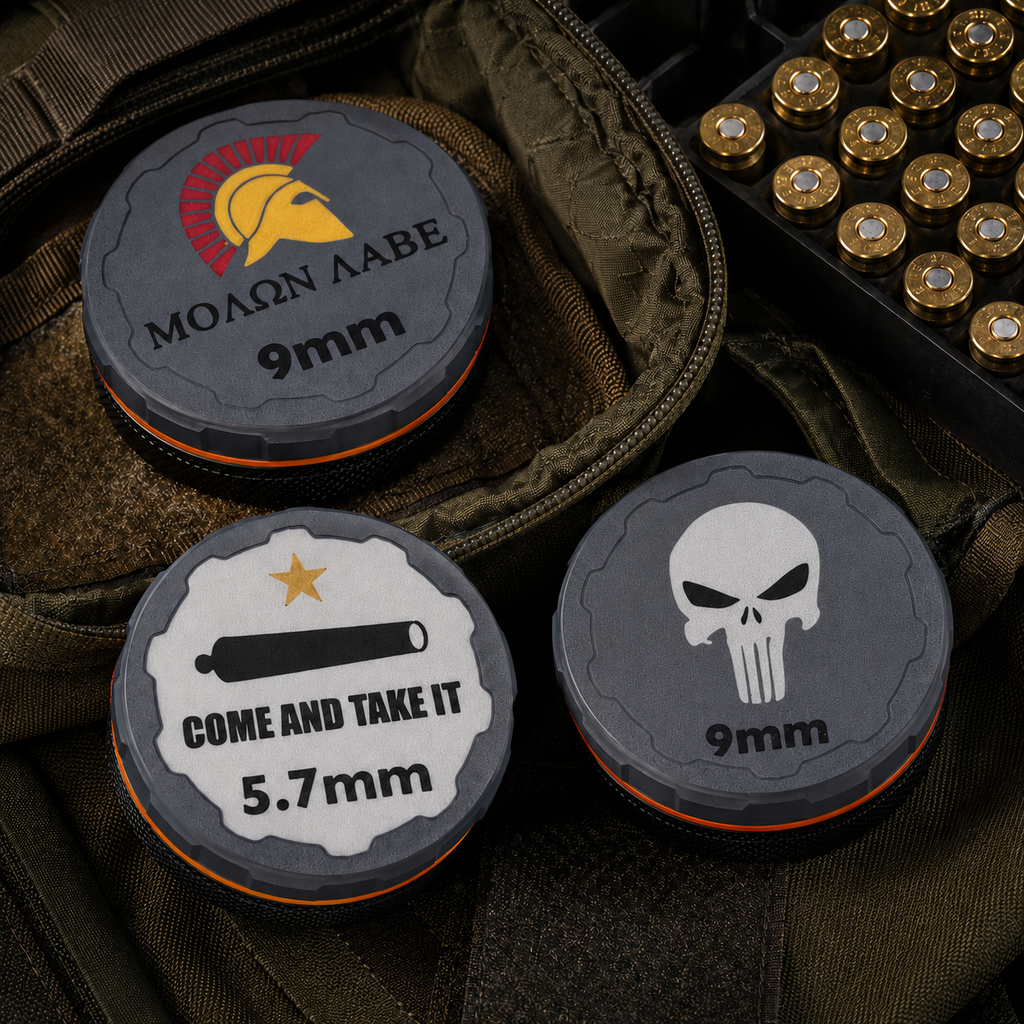 Stackable ammunition container with caliber identification lid