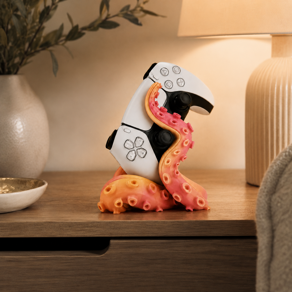 3D printed gaming controller stand with sculptural tentacle design for PS5