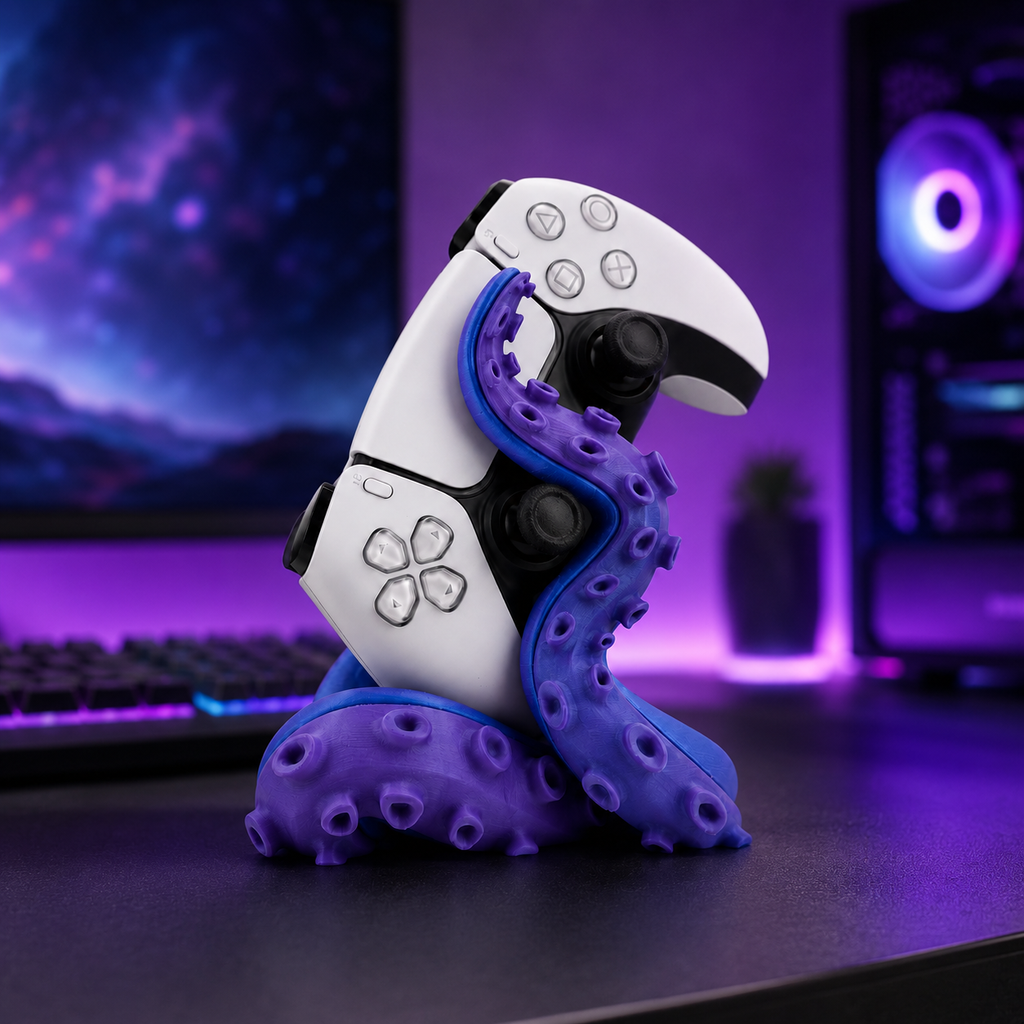 Sculptural PS5 controller dock with tentacle design for gaming room display