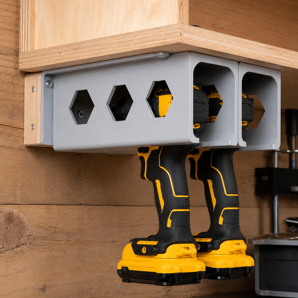 Black universal cordless drill holder mounted beneath a workshop shelf