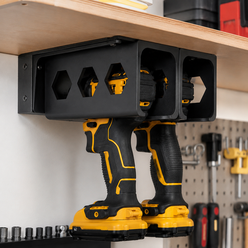 Gray universal cordless drill holder for organized under-shelf tool storage