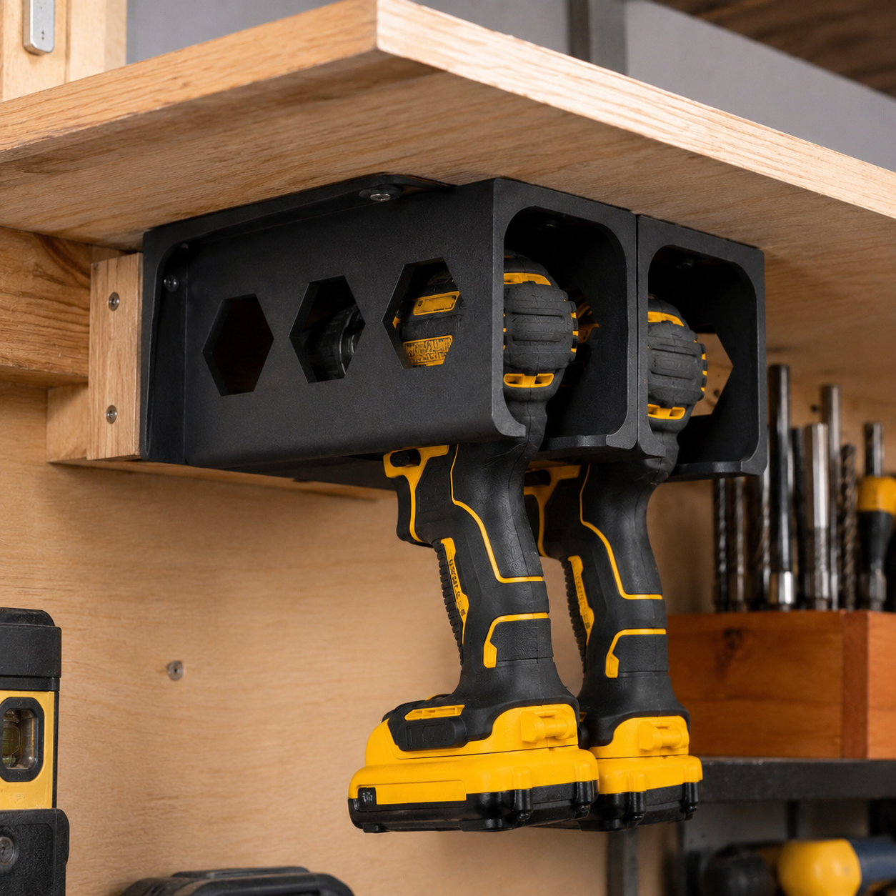 Hexagon 3D printed power tool holder mounted under a shelf