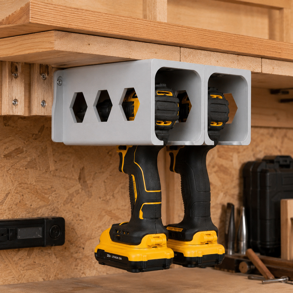 Cordless drill stored in an individual under-shelf tool mount
