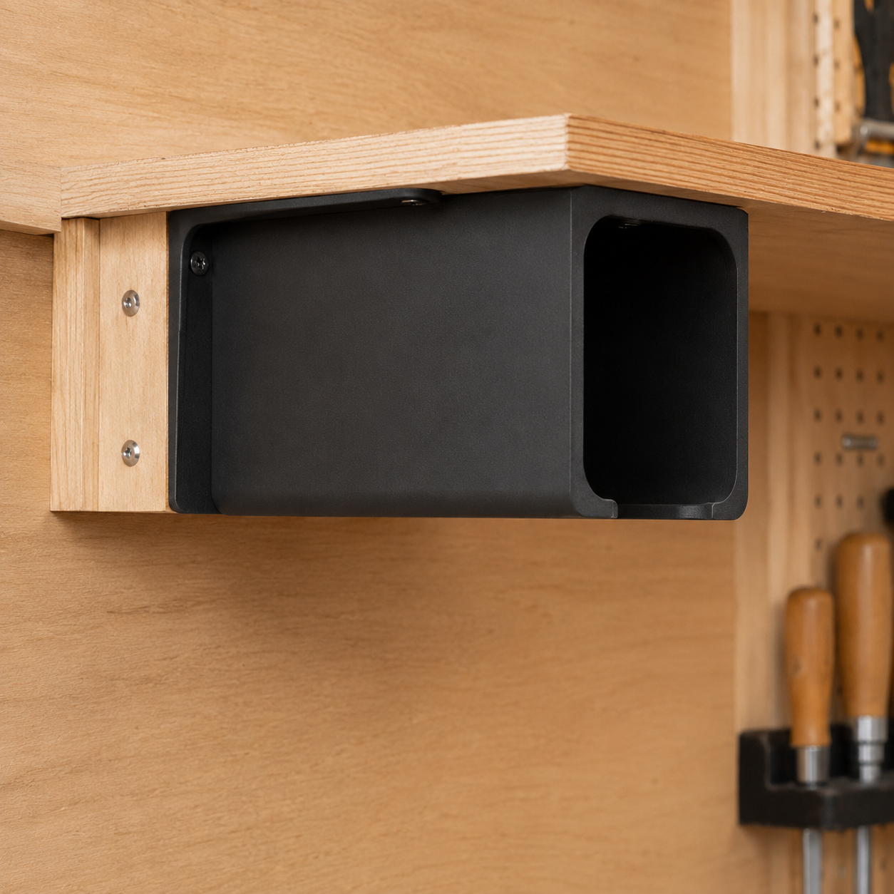 Space-saving drill and impact driver holder for garage organization