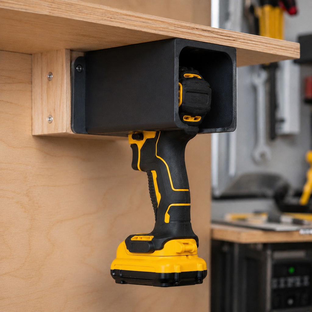Black solid cordless tool holder with under-shelf mounting design