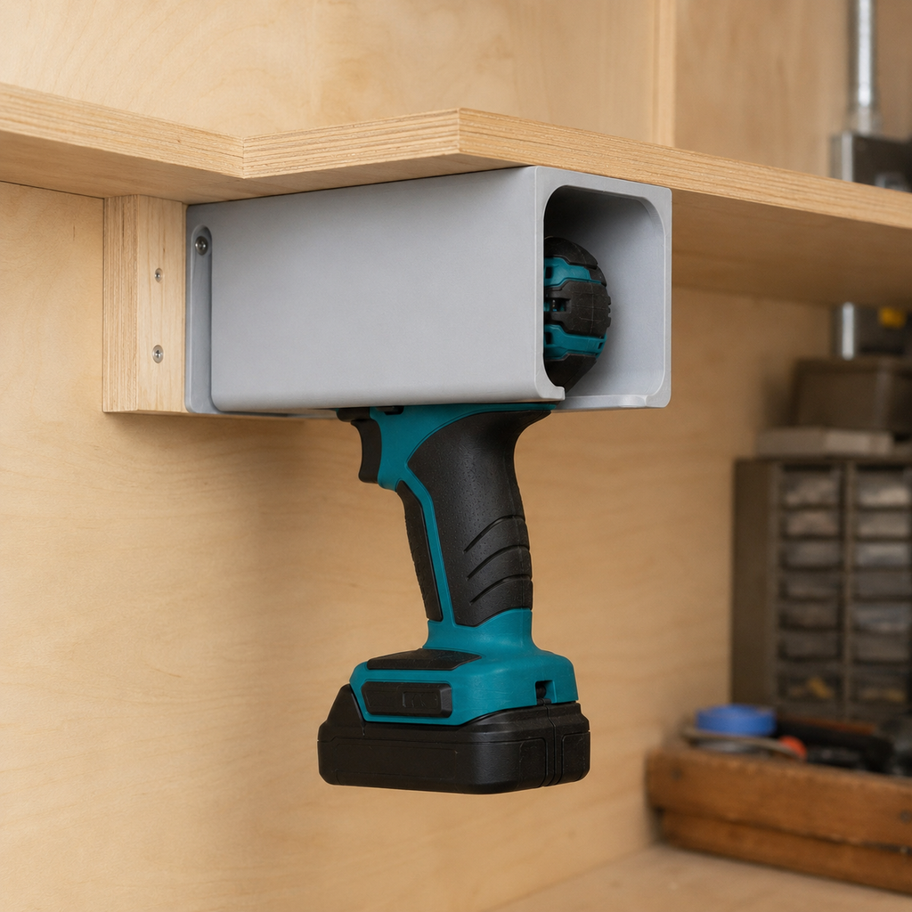 Gray solid cordless tool holder for workshop shelf storage
