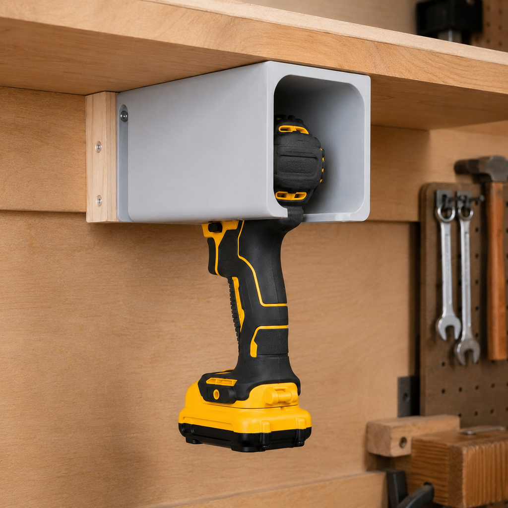 Black hexagon drill holder for compact garage tool organization